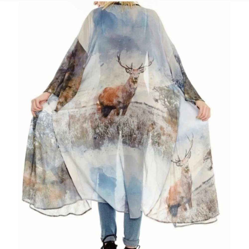Aratta Silent Journey Anthropologie Deer Stag Floral Beaded Kimono Duster XL - Picture 9 of 12